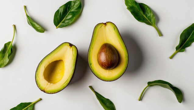 Two halves of avocado are arranged on white background, surrounded by green leaves