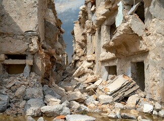 Bombed and ruined city. Consequences of terrorism and war. 