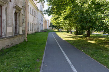 A path in a park with a sidewalk and a row of trees