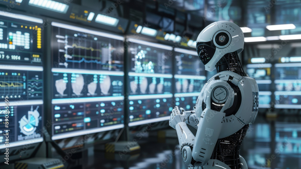 Aufkleber advanced humanoid robot analyzing data in futuristic control room with digital screens and high-tech