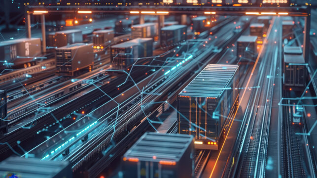Futuristic freight train yard at night with digital data overlay, automated cargo handling, and urban infrastructure