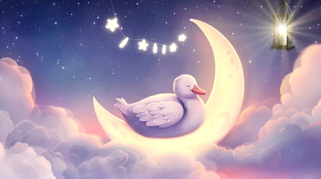 Duck sleeping on crescent moon with stars in night sky. Seamless loop video background