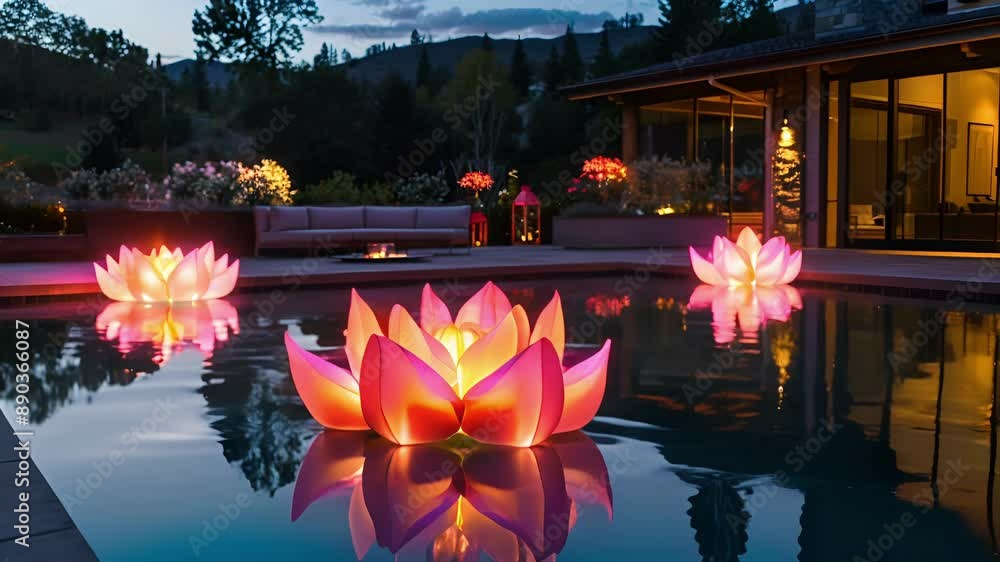 Poster create a serene and peaceful setting with glowing illuminated lotus flower inflatables and floating 