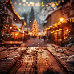 Obraz premium Wooden table top blurred Christmas tree snowfall bokeh light background. Christmas Holidays