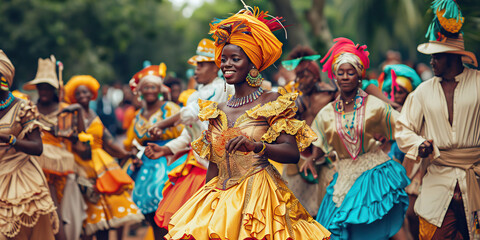 Fototapeta premium Cultural Pride: A group of Black people dressed in traditional attire, performing a dance at a heritage festival.