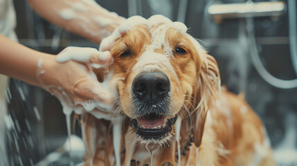 A pet grooming specialist carefully washes a satisfied dog in a modern grooming salon using soap and water.
