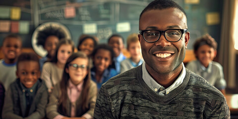 Fototapeta premium Educator's Impact: A Black teacher standing in front of a classroom, with smiling students of various ages