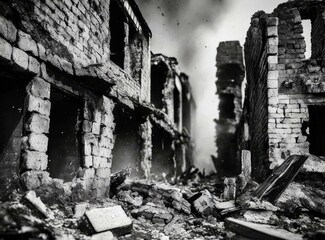 Fototapeta premium Bombed and ruined city. Consequences of terrorism and war. 