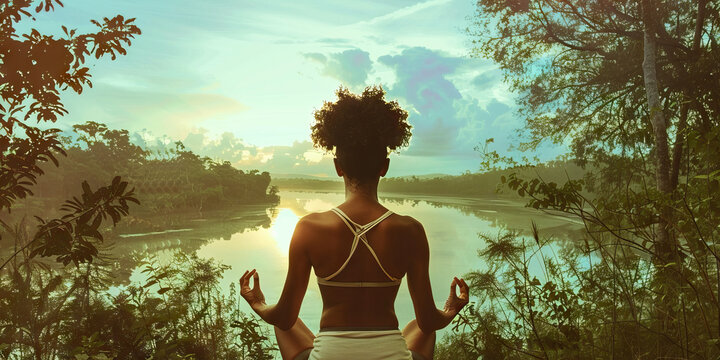 Natural Elements: A Black woman practicing yoga outside in a peaceful outdoor setting, with trees and a serene lake in the background