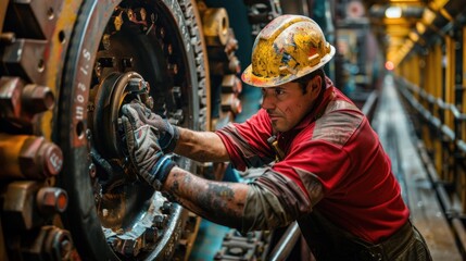 A man in a red shirt and yellow helmet is working on a machine
