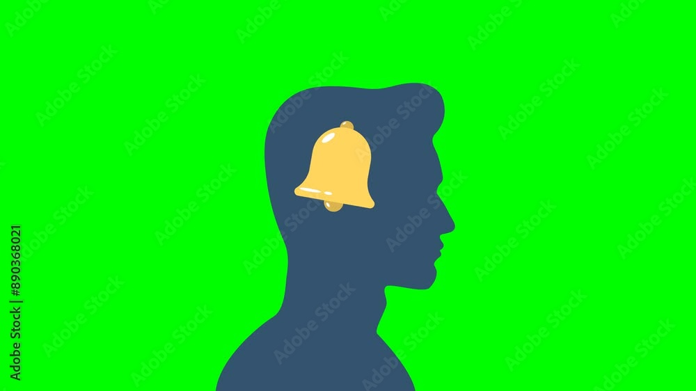 Poster human memory. keep thoughts in your head. remember. bell in the head. notification bell icon for inc