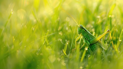 Fototapeta premium Grasshopper camouflaged in a green field