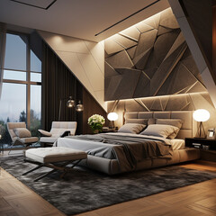 luxurious and modern bedroom interiors featuring sleek design elements, stylish furniture, soft lighting, and large windows, creating a sophisticated and comfortable living space