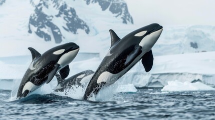 Fototapeta premium Group of orcas breaching in Antarctica