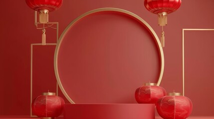 Happy Chinese New Year Background with Copy Space. 3D Indoor Podium with Chinese New Year Concept