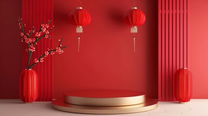 Happy Chinese New Year Background with Copy Space. 3D Indoor Podium with Chinese New Year Concept