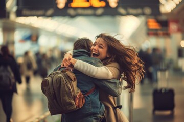 Two individuals share an emotional reunion hug in a busy airport terminal, embodying the excitement and heartfelt connection of reuniting after time apart in a vibrant setting.