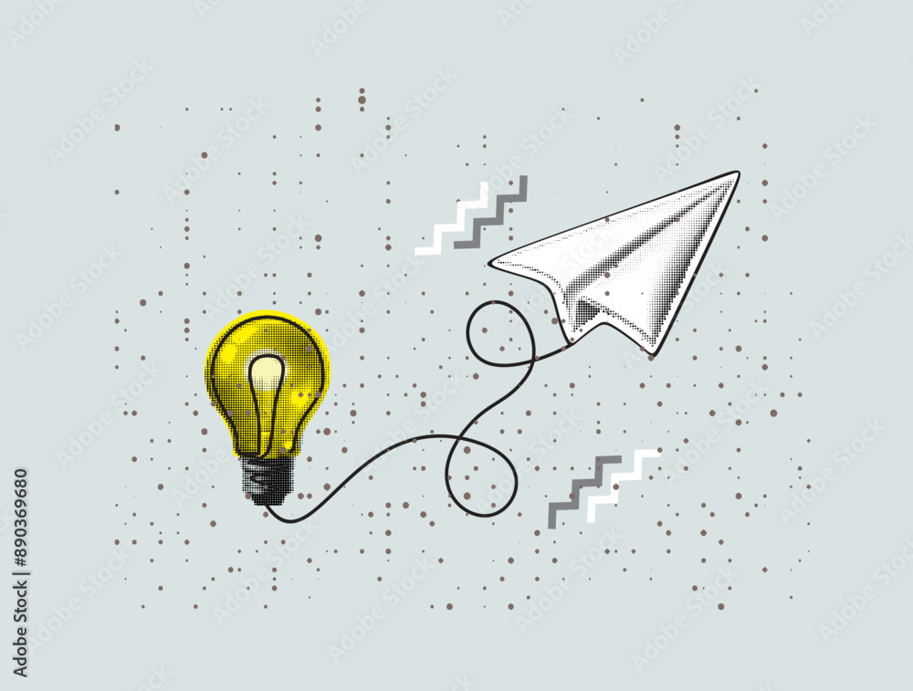 Poster paper plane flying up connected with light bulb in one continuous line drawing. airplane in outline 