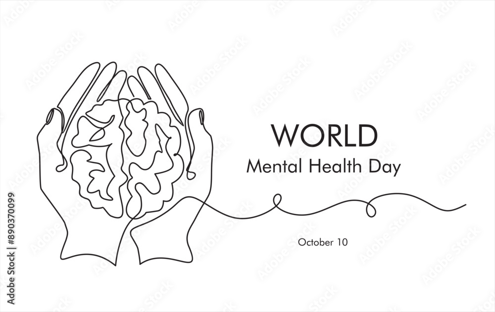 Poster one continuous single line of hands hold brain. world mental health day is observed every year on oc