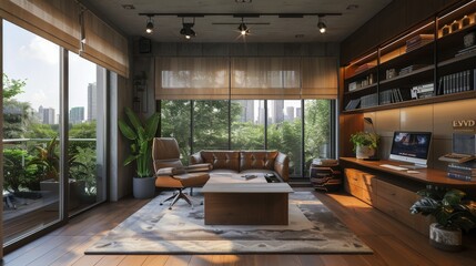 Fototapeta premium Modern Home Office With City View