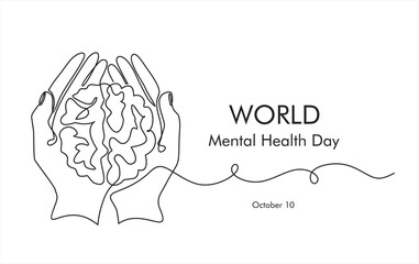 One continuous single line of hands hold brain. World Mental Health day is observed every year on October 10, A mental illness is a health problem