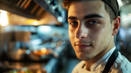 Confident young chef proudly showcases his passion for cooking in a bustling kitchen
