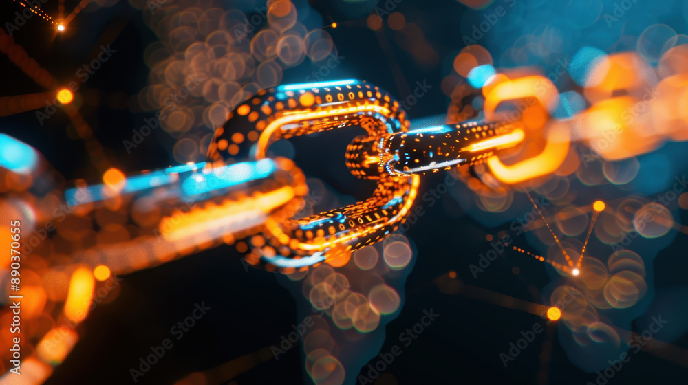 Poster close-up of glowing blockchain technology with connected chains and digital network nodes