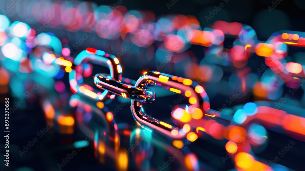 Poster close-up of illuminated digital chain links with colorful lights in a blurred futuristic setting