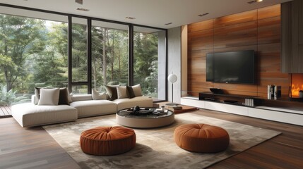 Modern Luxurious Living Room with Forest View