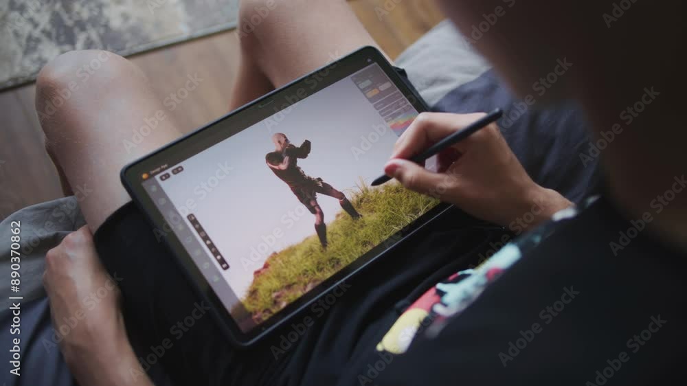Poster talented teenager with digital pen and tablet in hands sits in room, creates 3d model. boy draws new