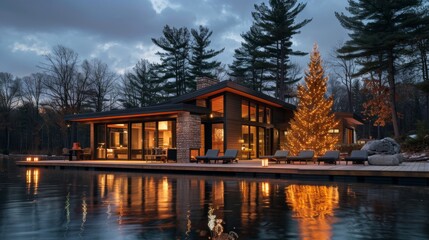 Fototapeta premium Modern Cabin by Lake at Dusk with Holiday Lights