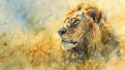 An ethereal watercolor painting of a lion, the savannah landscape blending into its mane, soft yellows and greens, with light filtering through the grasses, creating a serene and majestic atmosphere.
