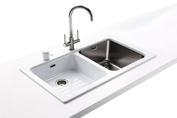 Whispering Elegance: A White Sink Embracing a Glistening Faucet on White or PNG Transparent Background.