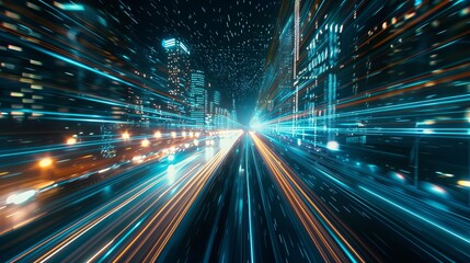 Obraz premium Data moves quickly on a road, creating the illusion of speed. This shows how digital transformation, new ideas, and quick business methods will change the future.