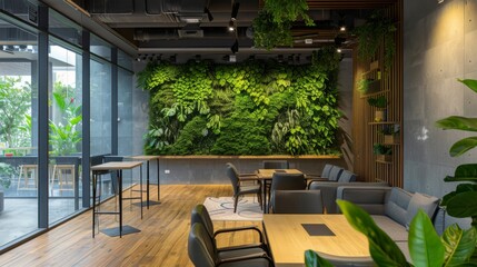 Naklejka premium Modern Eco-Friendly Office Lounge with Green Wall