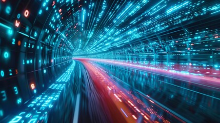 Data moves quickly on a road, creating the illusion of speed. This shows how digital transformation, new ideas, and quick business methods will change the future.