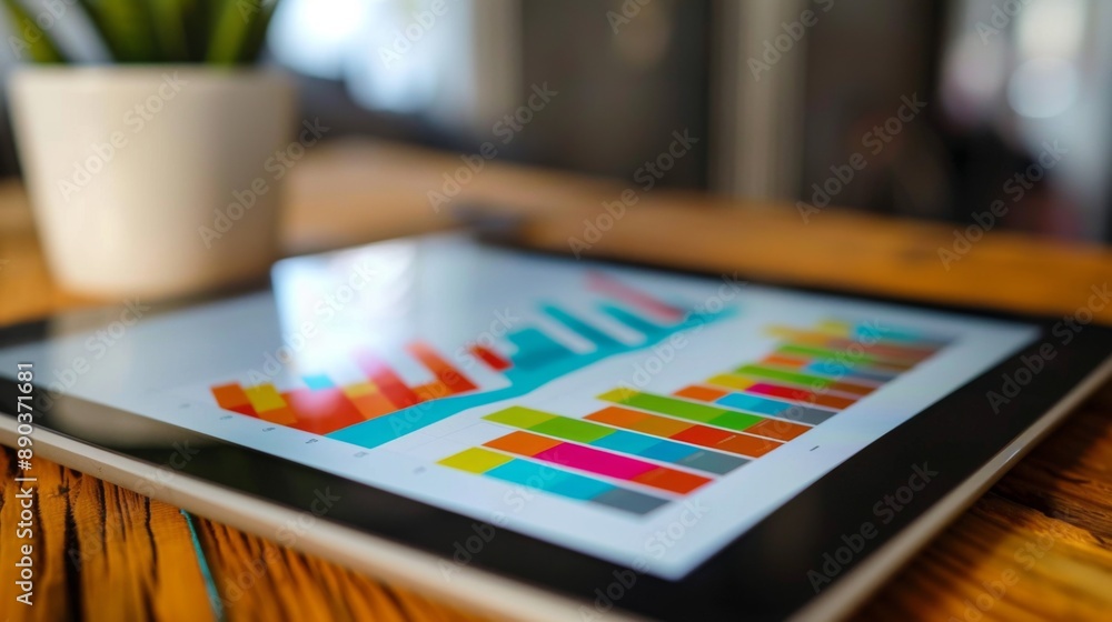 Poster a bar graph on a tablet screen, showing data visualization and analysis