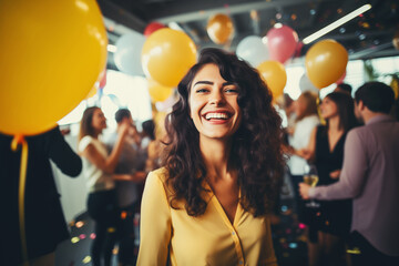Joyful businesswoman celebrating with colleagues business people having a party fun in the office