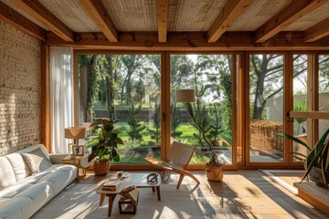 Fototapeta premium Eco-friendly House Interior with Natural Materials, Spacious Living Room Overlooking a Lush Garden, Sustainable Design