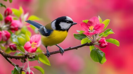 Obraz premium A bird is perched on a branch of a pink flower. The bird is yellow and black