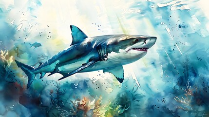 Fototapeta premium An ethereal watercolor painting of a shark, the coral reef blending into its body, soft blues and greens, with light filtering through the water, creating a serene and majestic atmosphere.