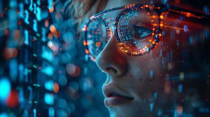 Close-up of a woman's face wearing glasses, looking intensely at a glowing screen. Light reflections reflected in glasses.Focused Data Scientist Analyzing Digital Data on Screen