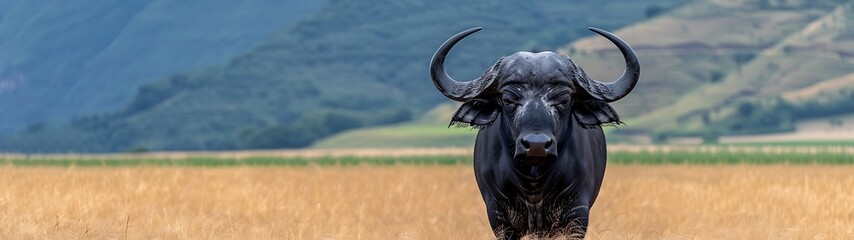 Naklejka premium Semi close-up of a black buffalo with sharp horns, standing in a golden field, green mountains behind, cool serene atmosphere, more clarity with clear light and sharp focus, high detailed