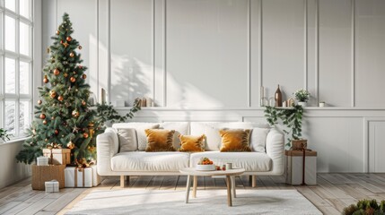 Cozy Christmas Living Room with Decorated Tree and Gifts