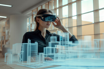 A female architect uses augmented reality glasses to design a detailed city model, showcasing advanced technology in urban planning. 