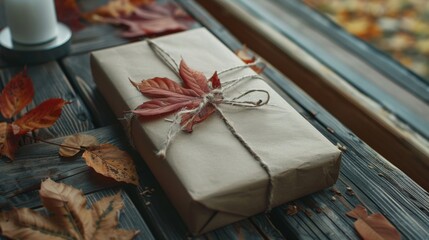 Autumn Gift Wrapped in Brown Paper with Twine and Leaves