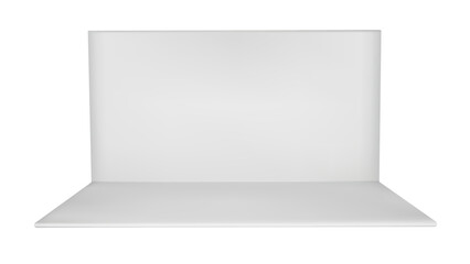 3d booth stand mockup for event. Blank exhibition room rectangle mock up. Empty presentation interior render with floor. Tradeshow showroom for press promotion. Small expo kiosk box area layout