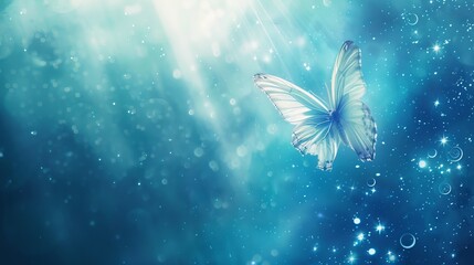 A vibrant, flowing banner with shimmering blue and spiritual sparkles. In the corner, a beautiful butterfly with its wing open flies towards a white light and the vast expanse of space.