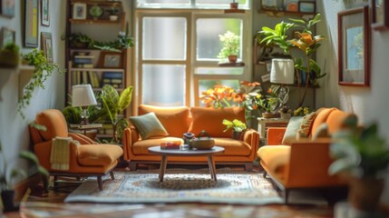Fototapeta premium Cozy Living Room with Orange Furniture and Plants