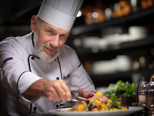 A culinary artist crafting a gourmet meal in an upscale kitchen